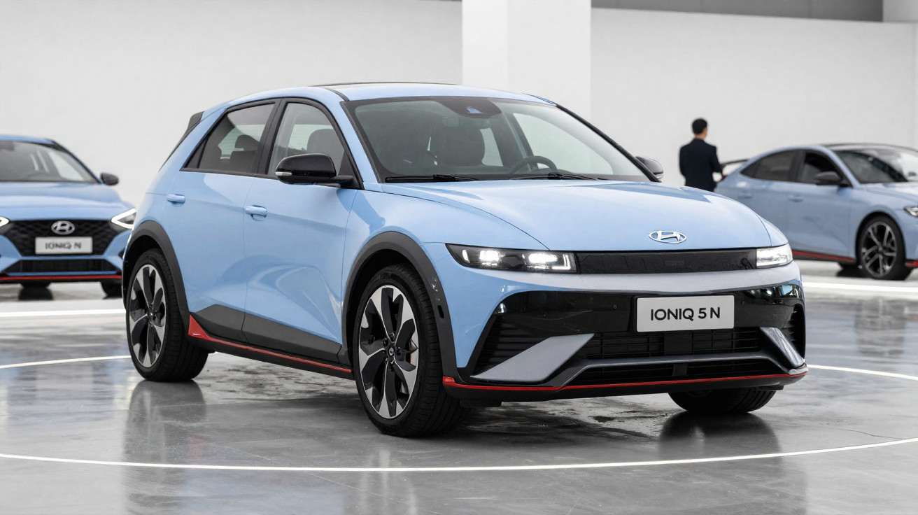Carro elétrico Hyundai Ioniq 5 N azul claro em exposição interna, com design moderno e rodas esportivas.