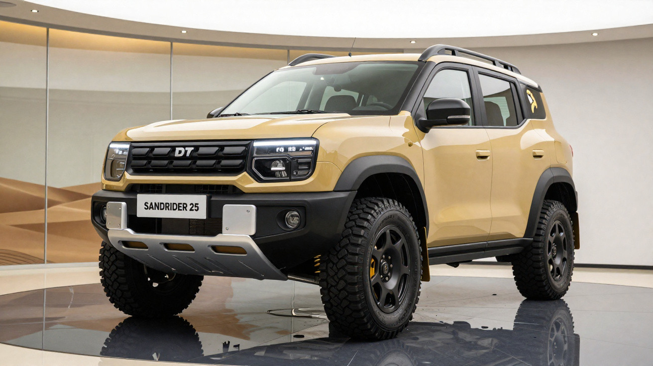 SUV amarelo DT Sandrider 25 em exposição, com pneus robustos e design moderno.