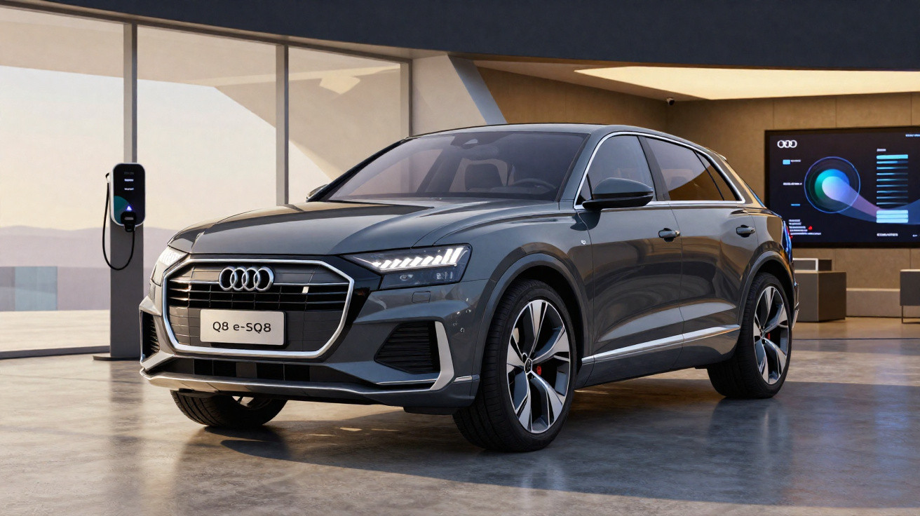 Carro Audi Q8 e-SQ8 cinza estacionado em showroom moderno com carregador elétrico ao fundo.