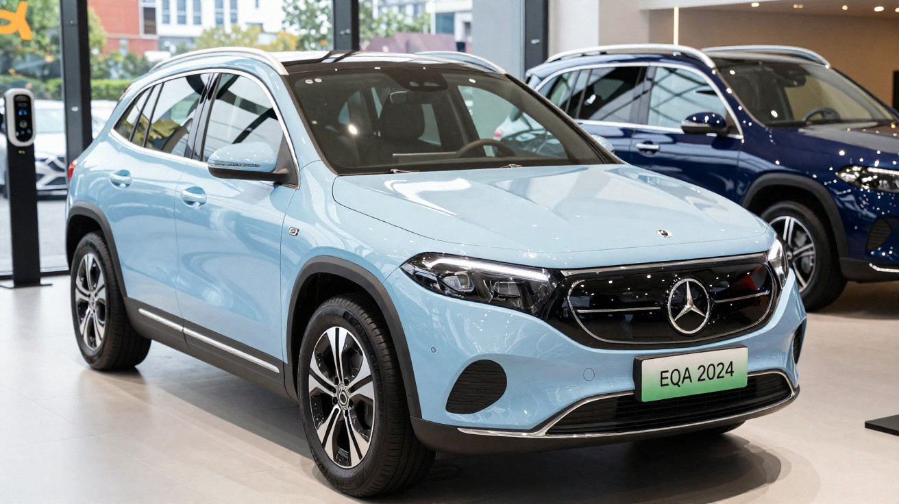 Carro elétrico Mercedes-Benz EQA 2024 azul claro em exposição dentro de showroom moderno.