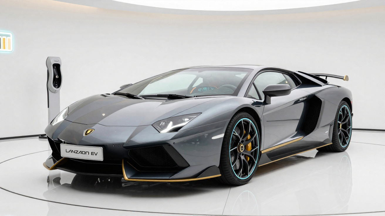 Carro esportivo Lamborghini cinza modelo Lanzador EV em ambiente branco com estação de recarga elétrica.