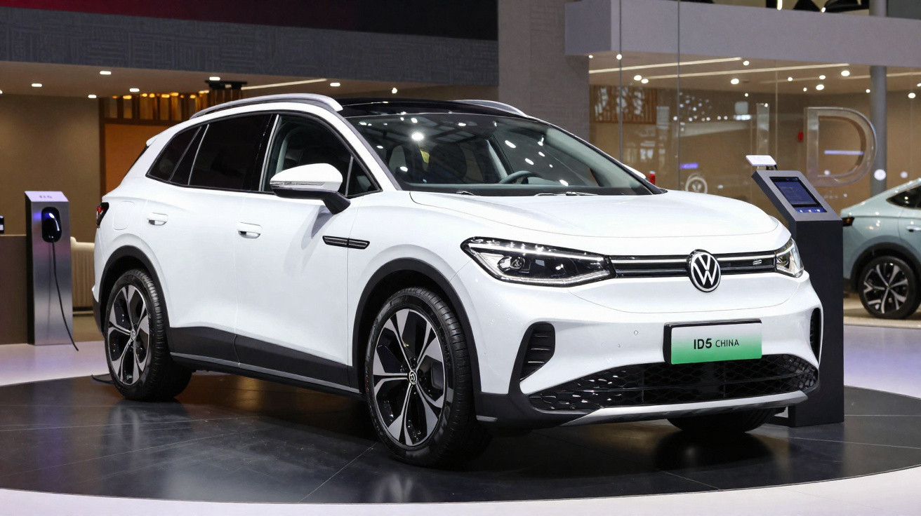Carro elétrico branco Volkswagen ID.5 em exposição interna com placa verde escrito ID.5 China.