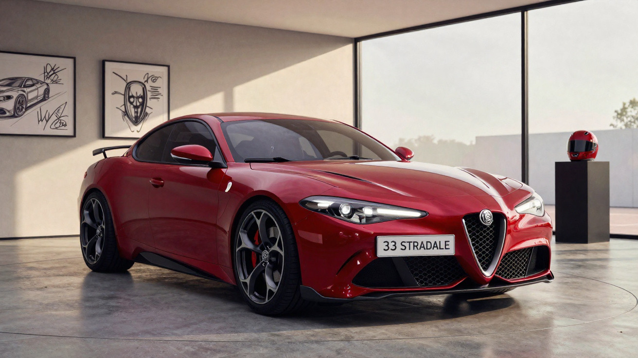 Carro esportivo Alfa Romeo vermelho estacionado em ambiente interno com luz natural e quadros na parede.