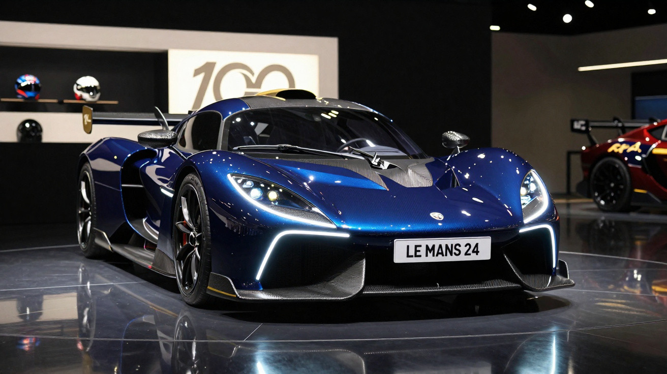 Carro esportivo azul metálico com luzes LED e placa "LE MANS 24" em exposição interna.