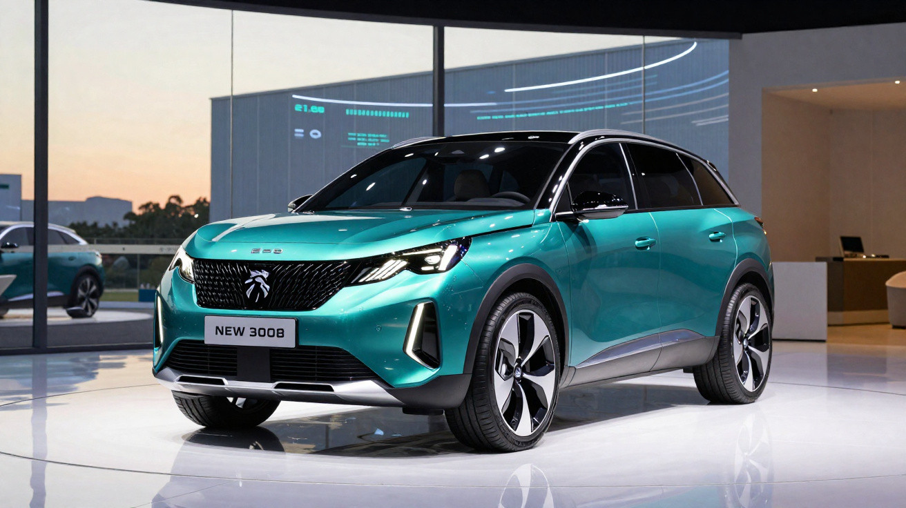 Peugeot 3008 verde metálico exibido em salão moderno com teto preto e rodas grandes.