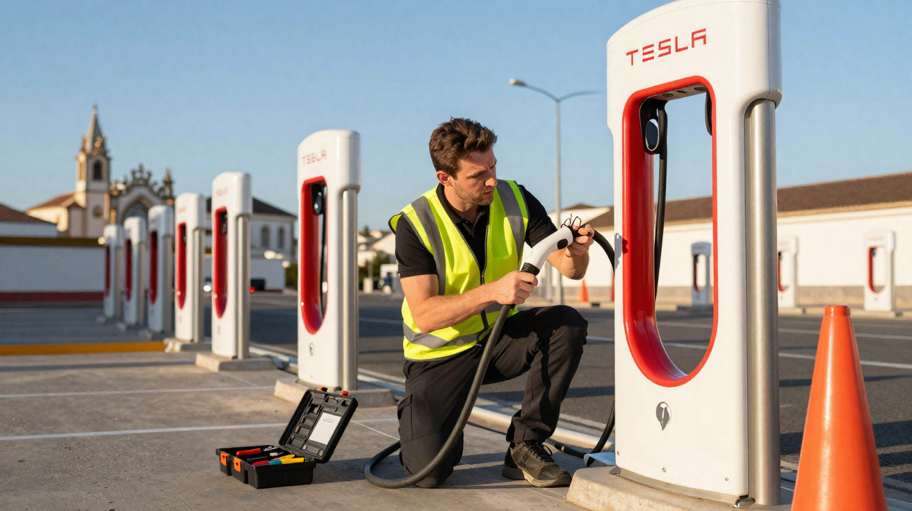 Homem com colete refletivo ajusta cabo em estação de recarga Tesla ao ar livre em dia ensolarado.