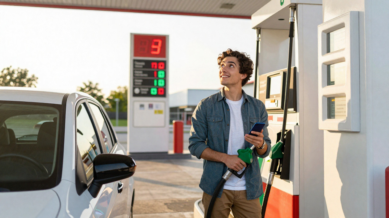 Homem abastecendo carro em posto de gasolina usando celular e olhando para cima.