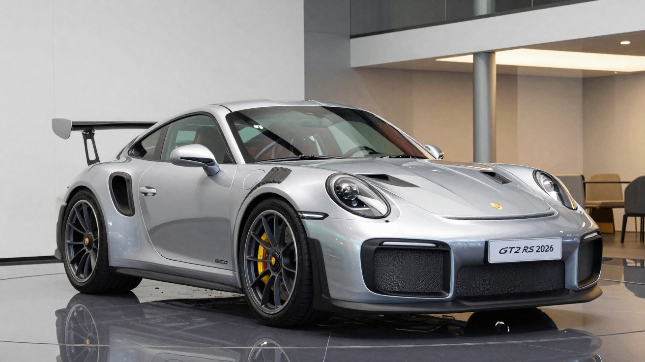 Carro esportivo Porsche GT2 RS 2026 prata exibido em ambiente interno moderno.