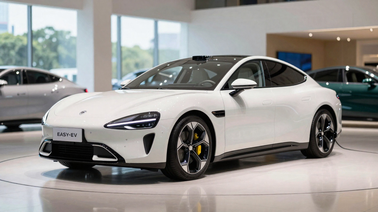 Carro elétrico branco com design moderno exibido em showroom iluminado.