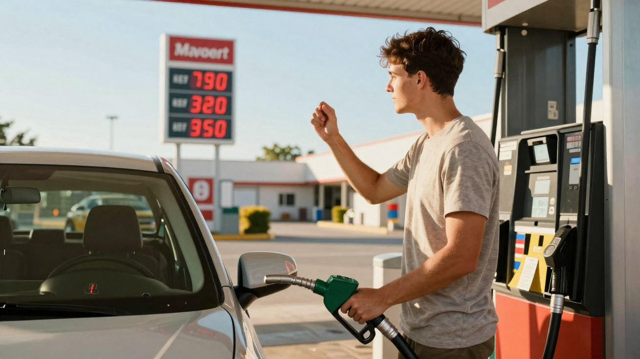 Jovem abastecendo carro com bomba de gasolina verde em posto de combustível ao ar livre em dia ensolarado.