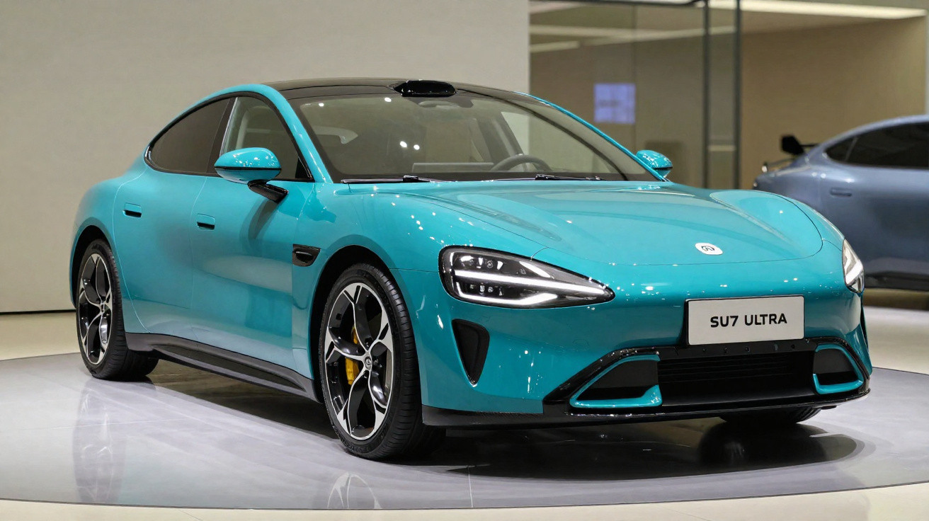 Carro elétrico azul modelo SU7 Ultra exibido em salão automotivo com design esportivo e moderno.