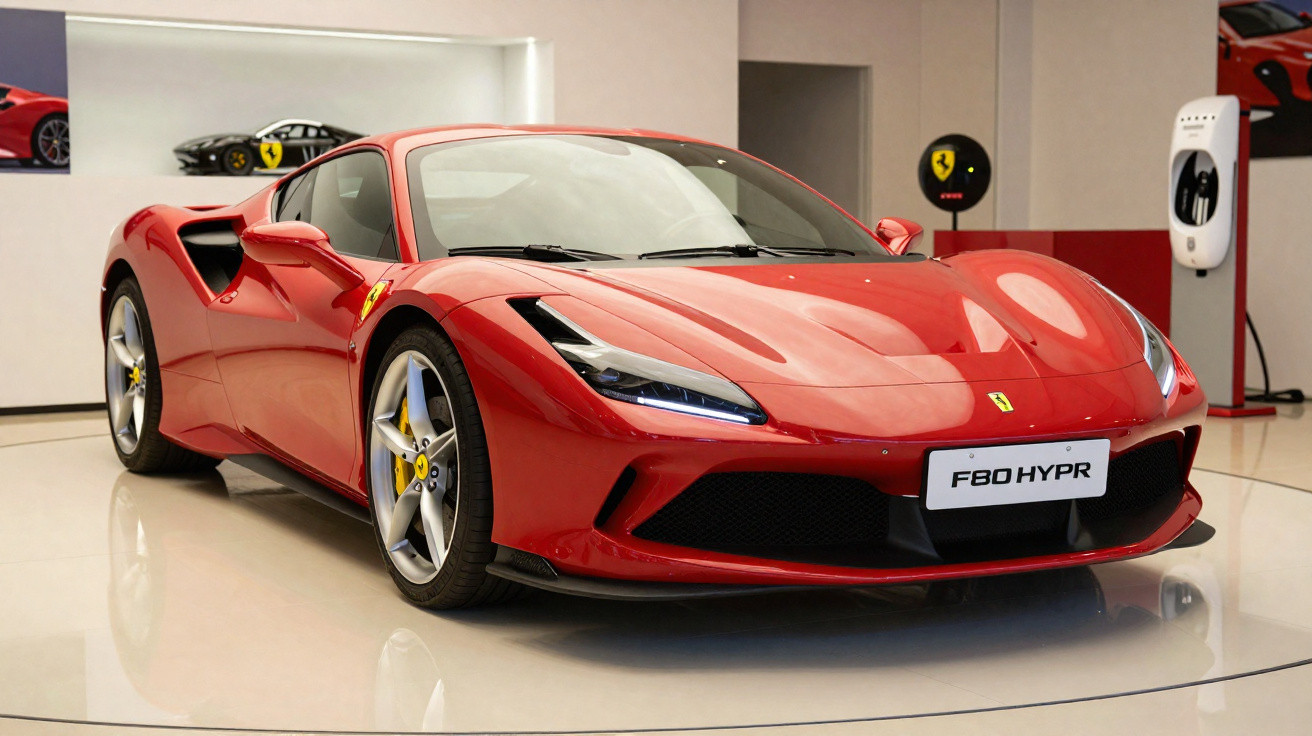 Carro esportivo Ferrari F8 Tributo vermelho em showroom moderno com carregador elétrico ao fundo.