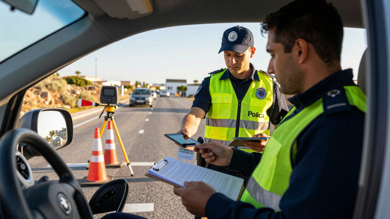 Policial faz abordagem e confere documento de motorista durante fiscalização em rodovia ensolarada.