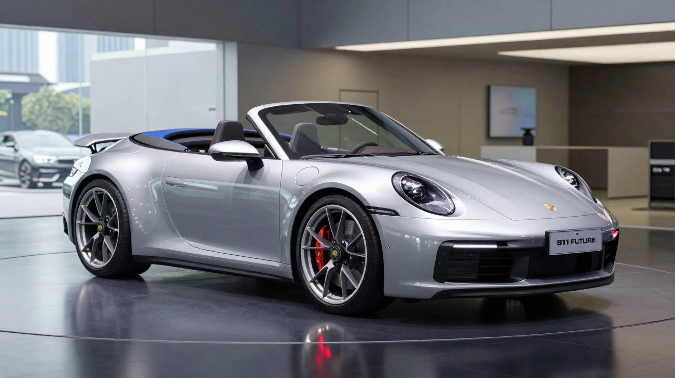 Porsche 911 conversível prata exposto em salão moderno com teto aberto e rodas esportivas pretas.