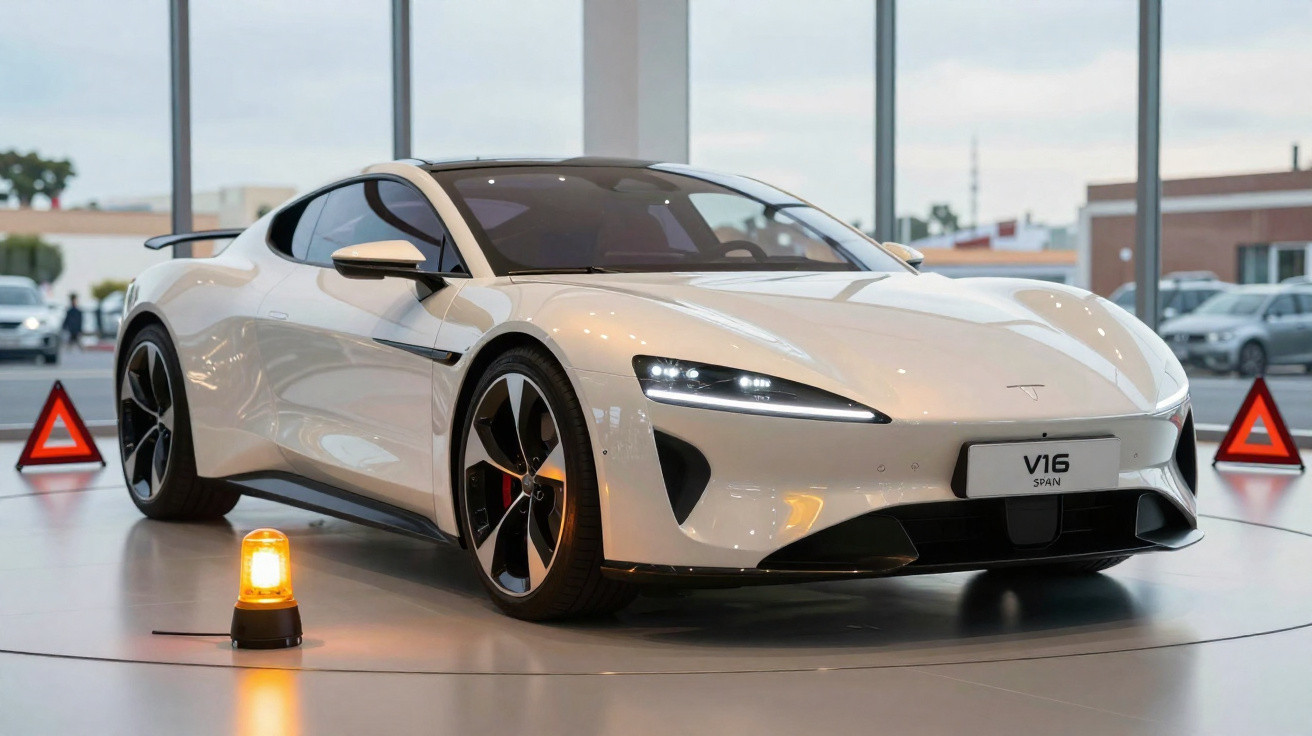 Carro esportivo branco estacionado em ambiente interno com luzes de alerta acesas ao redor.