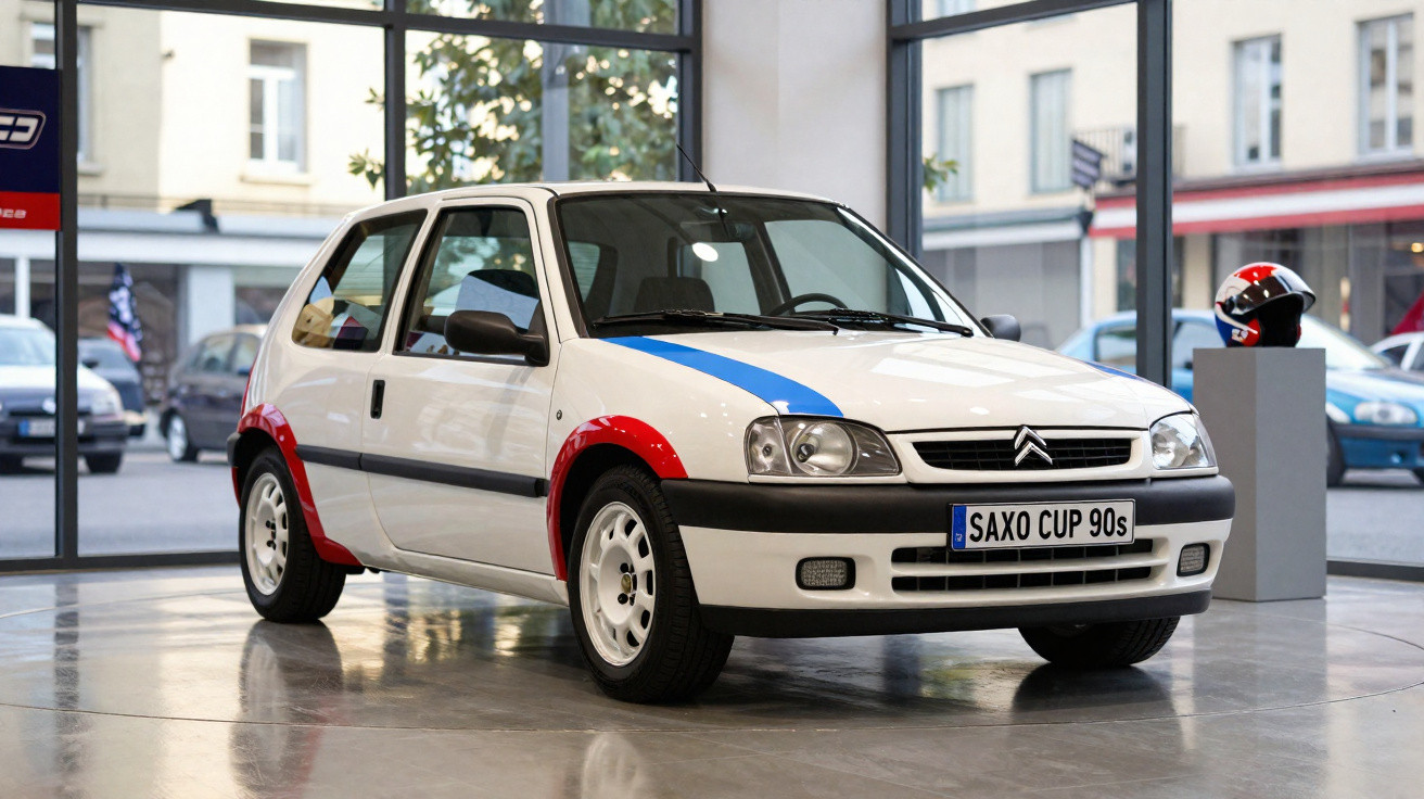 Carro Citroën Saxo Cup 90s branco exibido em showroom com decoração urbana ao fundo.