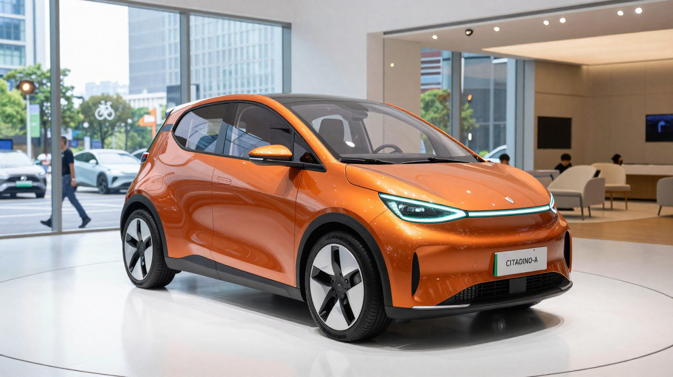 Carro elétrico compacto laranja Citadino-A em exposição moderna com janela panorâmica e prédio ao fundo.