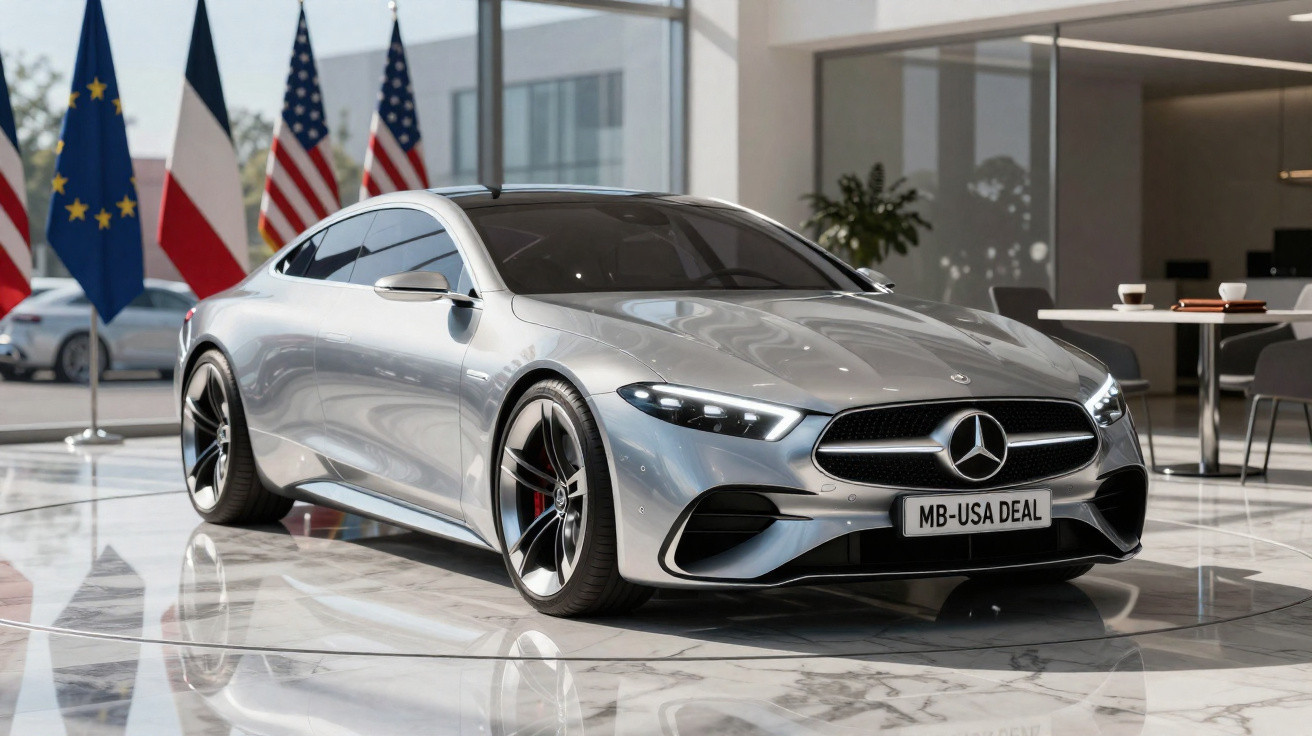 Carro esportivo prata Mercedes-Benz em salão com bandeiras da UE, EUA e França ao fundo.