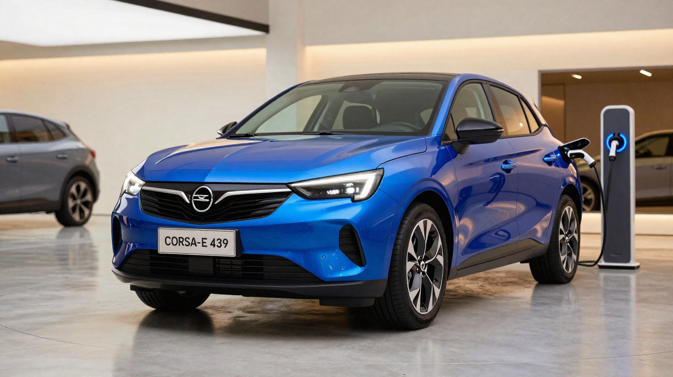 Carro elétrico azul Corsa-e 439 estacionado sendo carregado em estação de recarga interna.
