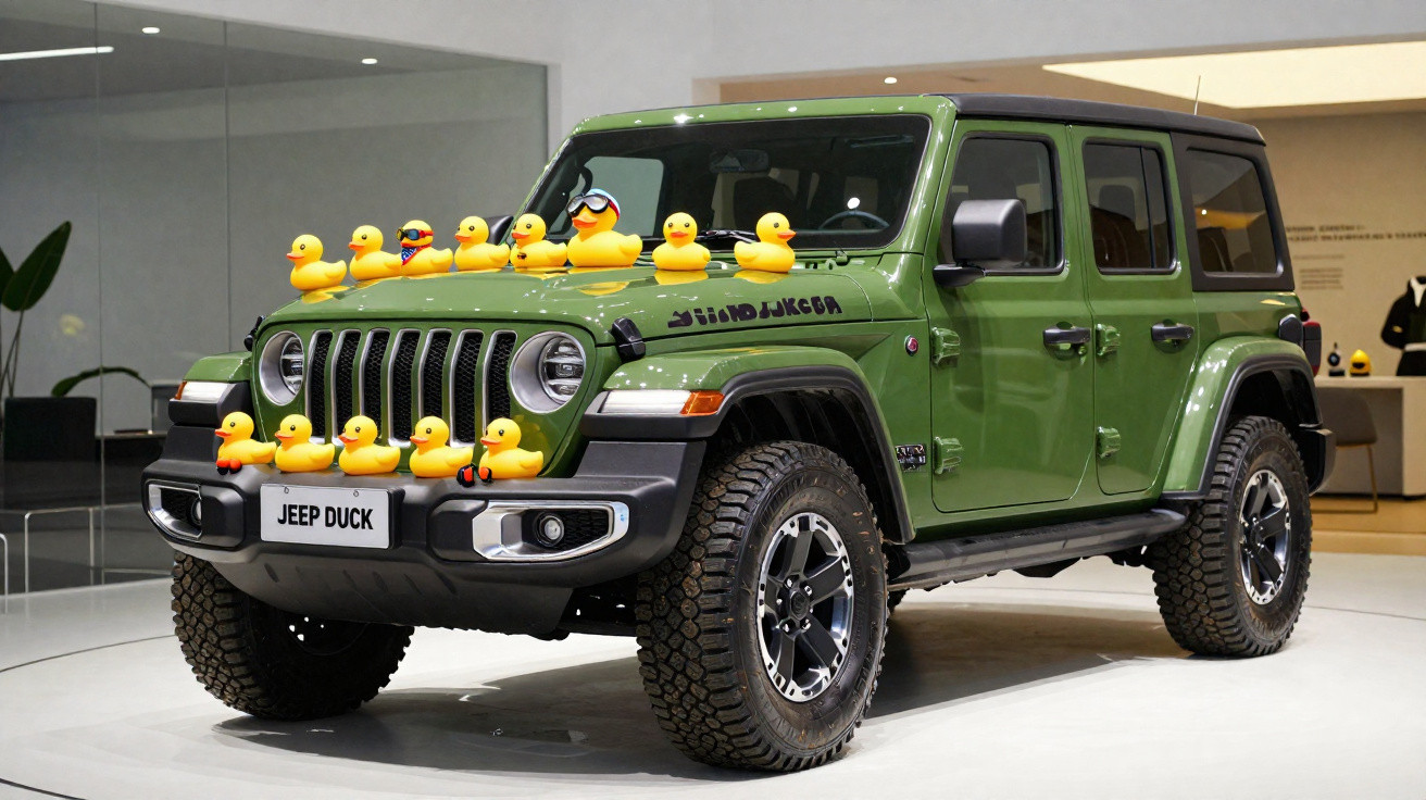 Jeep verde com vários patinhos de borracha amarelos posicionados no capô, teto e para-choque dianteiro.