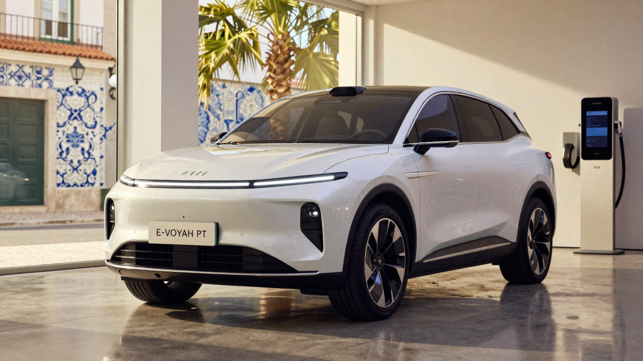 Carro elétrico branco estacionado em garagem moderna com estação de recarga ao fundo.