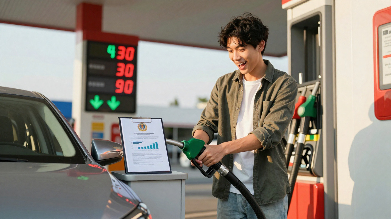 Homem sorridente abastecendo carro em posto de gasolina com painel digital exibindo preços.