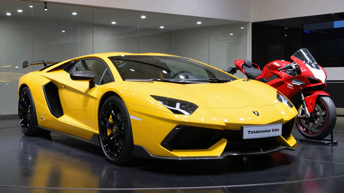Carro esportivo amarelo Lamborghini estacionado em showroom com duas motos vermelhas ao fundo.