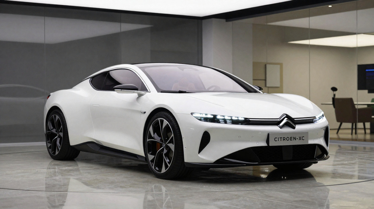 Carro esportivo branco Citroën-XC com design moderno e linhas aerodinâmicas em ambiente interno.