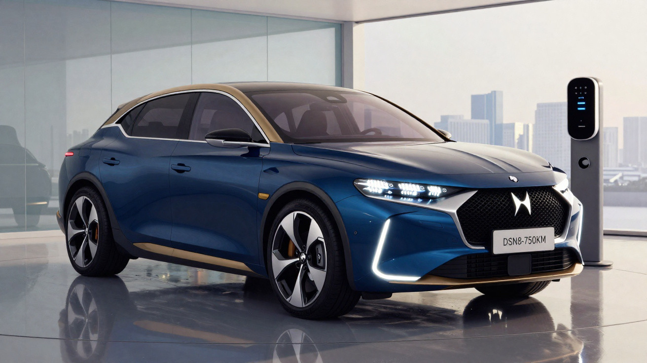 Carro elétrico azul escuro DS 8 com detalhes dourados exibido em showroom moderno.