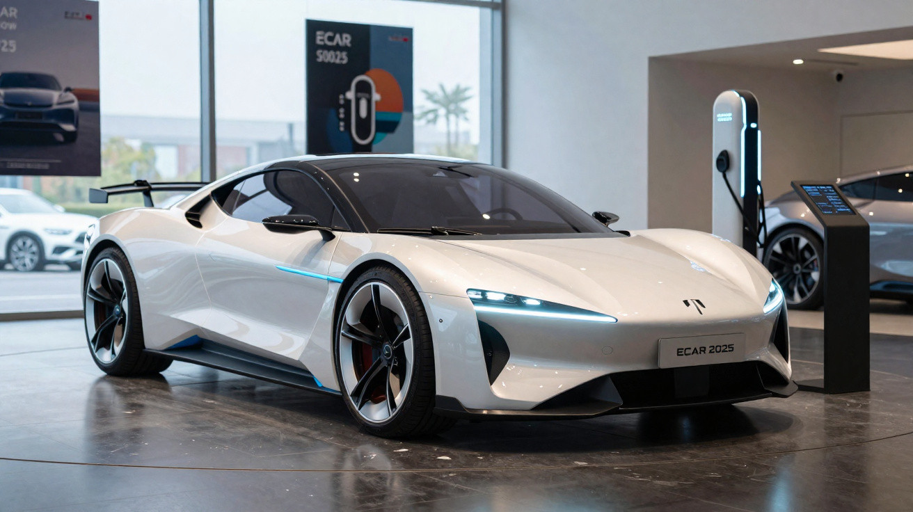 Carro esportivo elétrico branco exposto em salão moderno com estação de recarga ao lado.