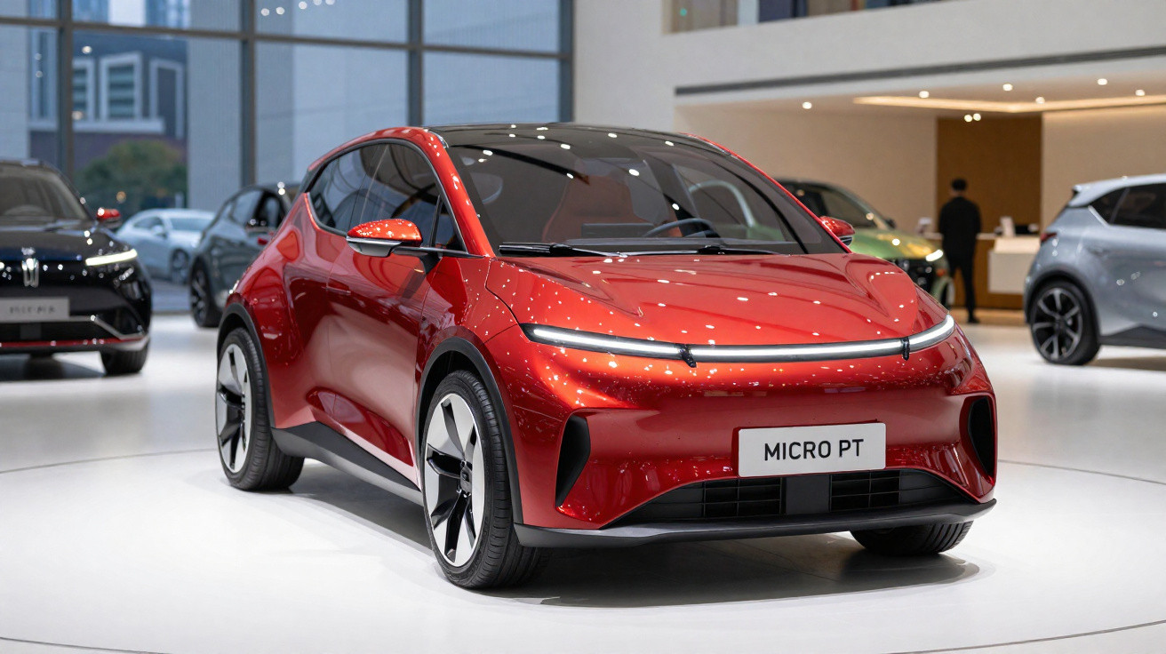 Carro elétrico vermelho Micro PT exposto em salão automotivo com veículos ao fundo.