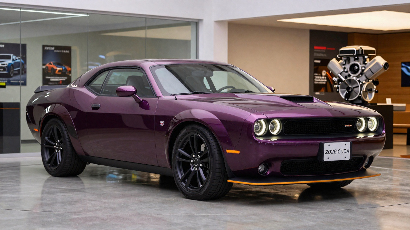 Carro esportivo Dodge Challenger roxo metálico exposto em ambiente interno com piso cinza.