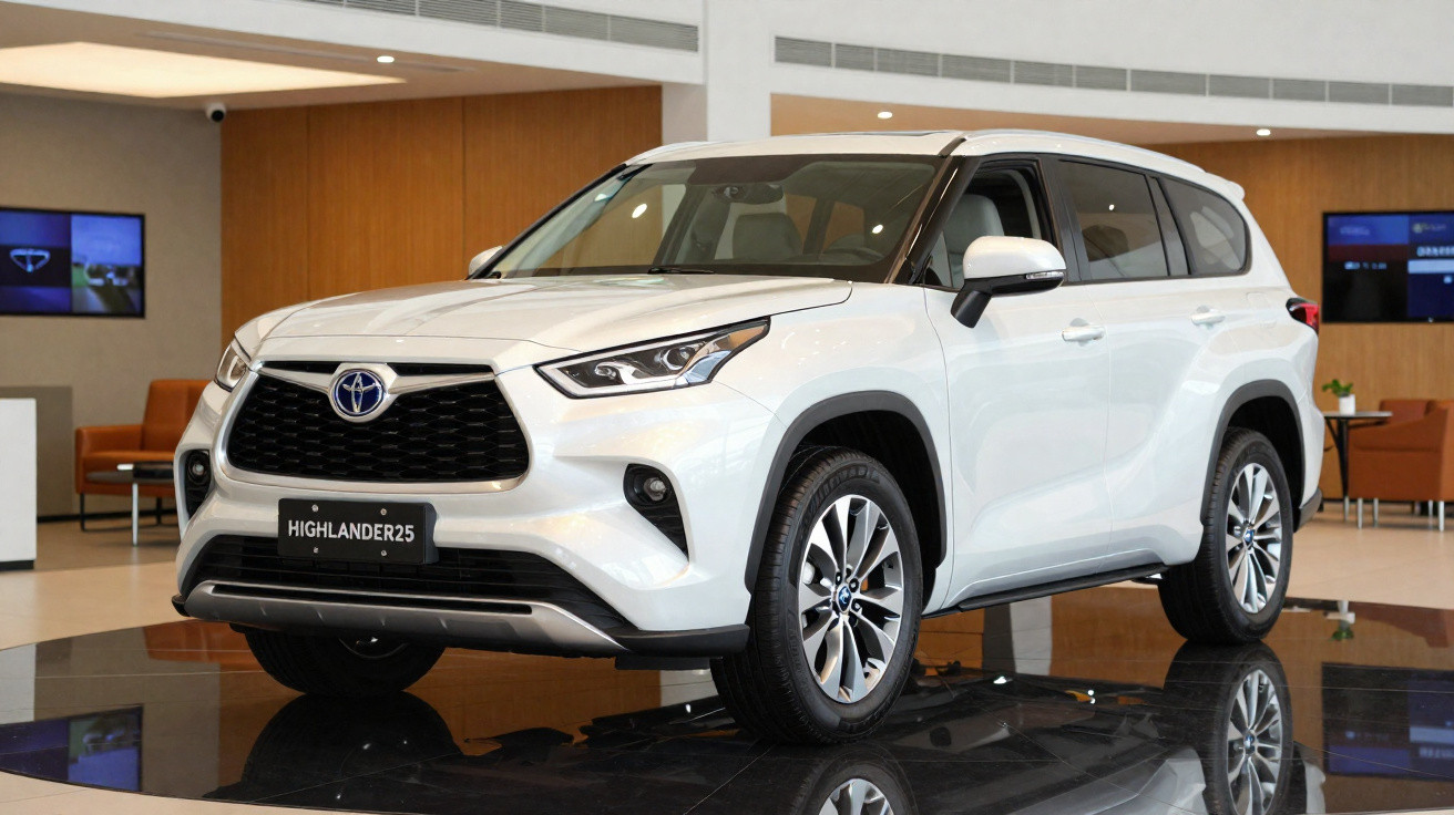 SUV branco Toyota Highlander 2025 exibido em showroom moderno com poltronas e telas ao fundo.