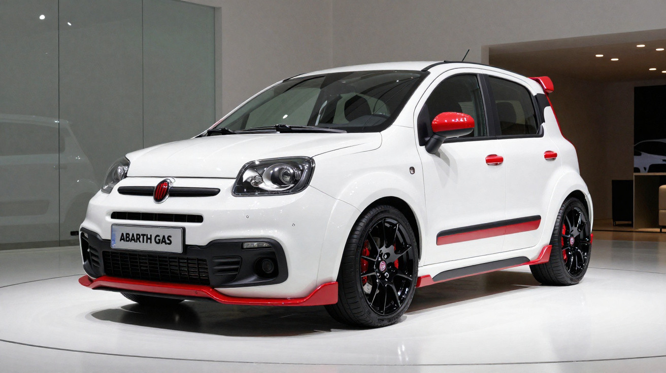 Carro esportivo branco com detalhes vermelhos Abarth exibido em salão de automóveis.
