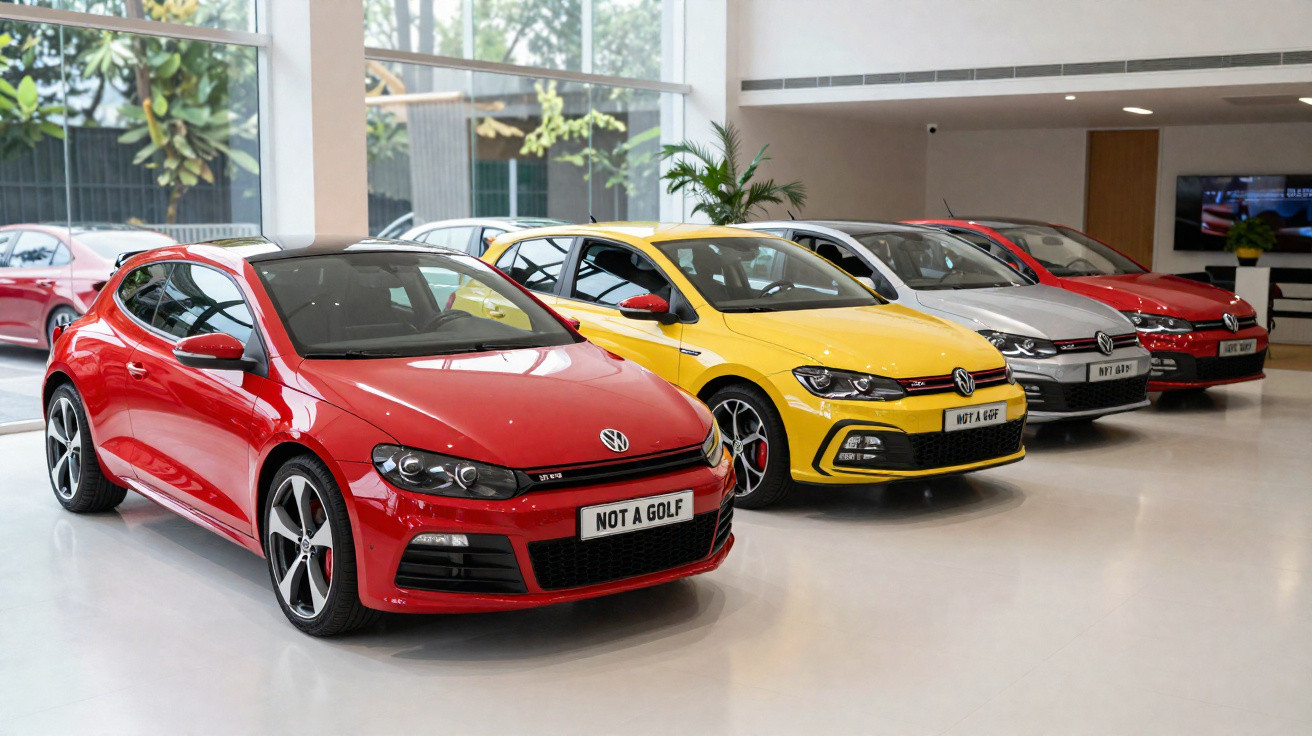 Carros Volkswagen de cores variadas expostos em fila dentro de concessionária moderna.