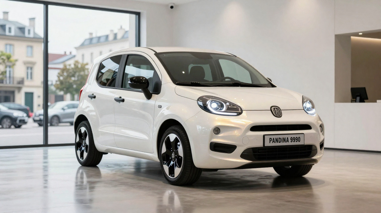Carro branco Fiat Panda 2024 estacionado em showroom com rodas pretas e faróis acesos.
