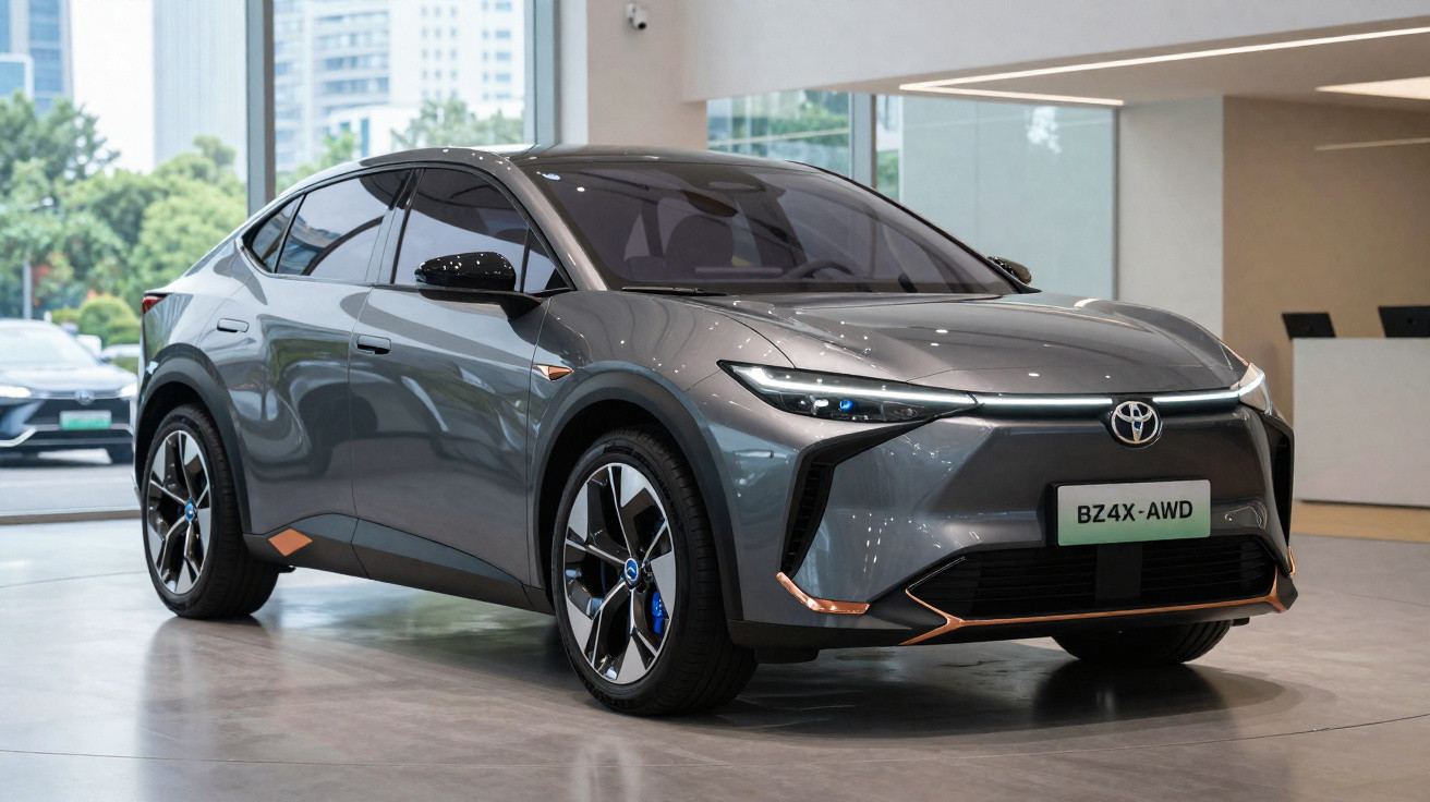 Toyota elétrico cinza modelo BZ4X AWD em showroom moderno com piso de mármore e paredes claras.