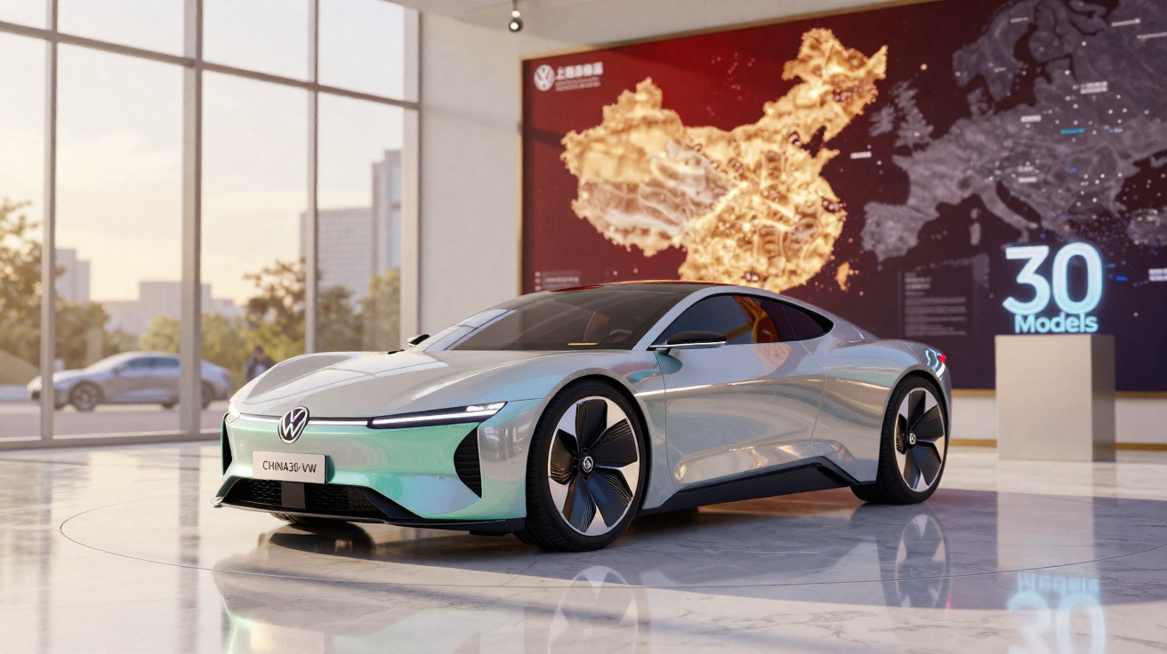 Carro conceito elétrico prateado Volkswagen exposto em ambiente moderno com grande tela ao fundo.
