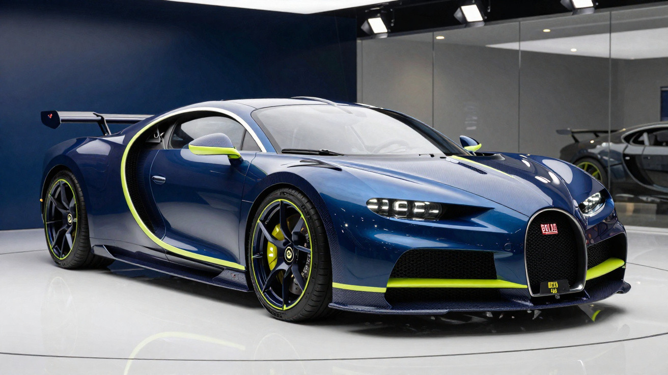 Carro esportivo Bugatti cinza escuro em alta velocidade em pista de corrida com árvores ao fundo.