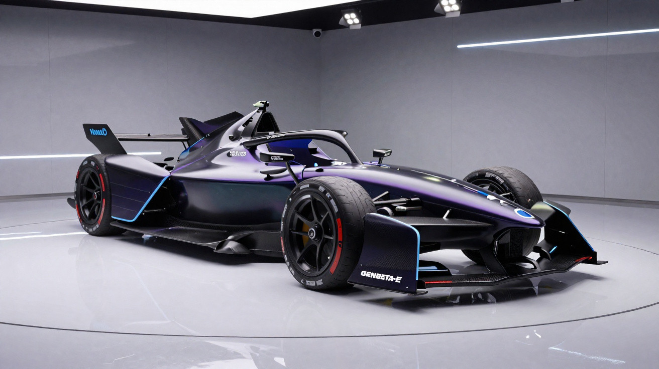 Carro de corrida elétrico preto e azul em alta velocidade em pista de corrida.