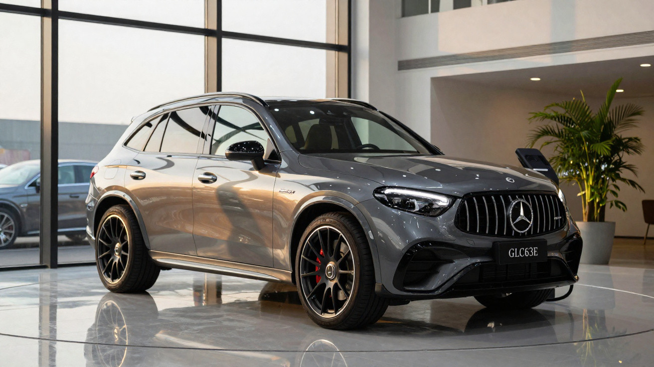 SUV Mercedes-Benz azul em estrada sinuosa com vegetação e paredes rochosas ao fundo.