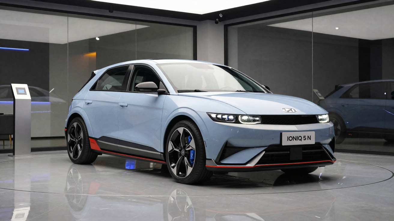 Carro elétrico compacto preto em alta velocidade em pista curvada sob céu nublado e árvores.