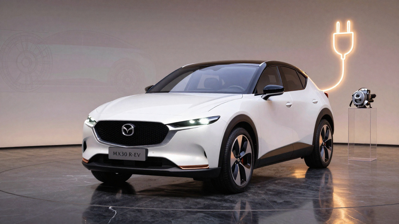 Carro vermelho Mazda SUV elétrico em movimento em estrada com árvores ao fundo.