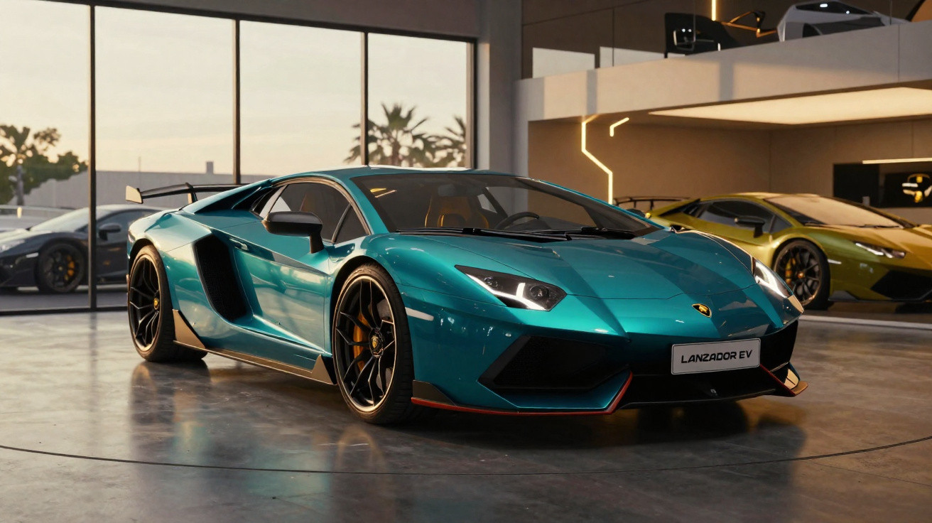 Carro esportivo azul escuro Lamborghini Urus dirigindo em estrada costeira com três pessoas dentro.