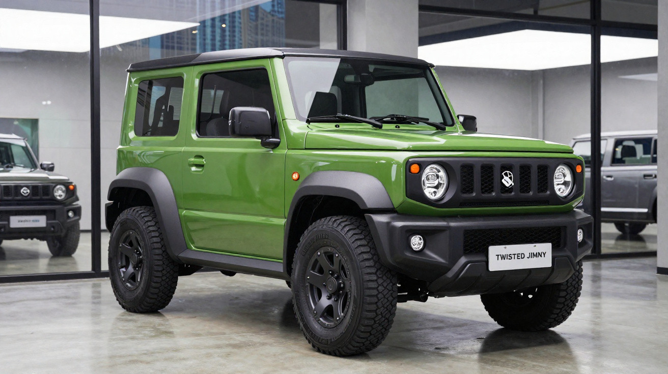 Carro Suzuki Jimny prata em movimento numa estrada rural com vegetação ao redor.