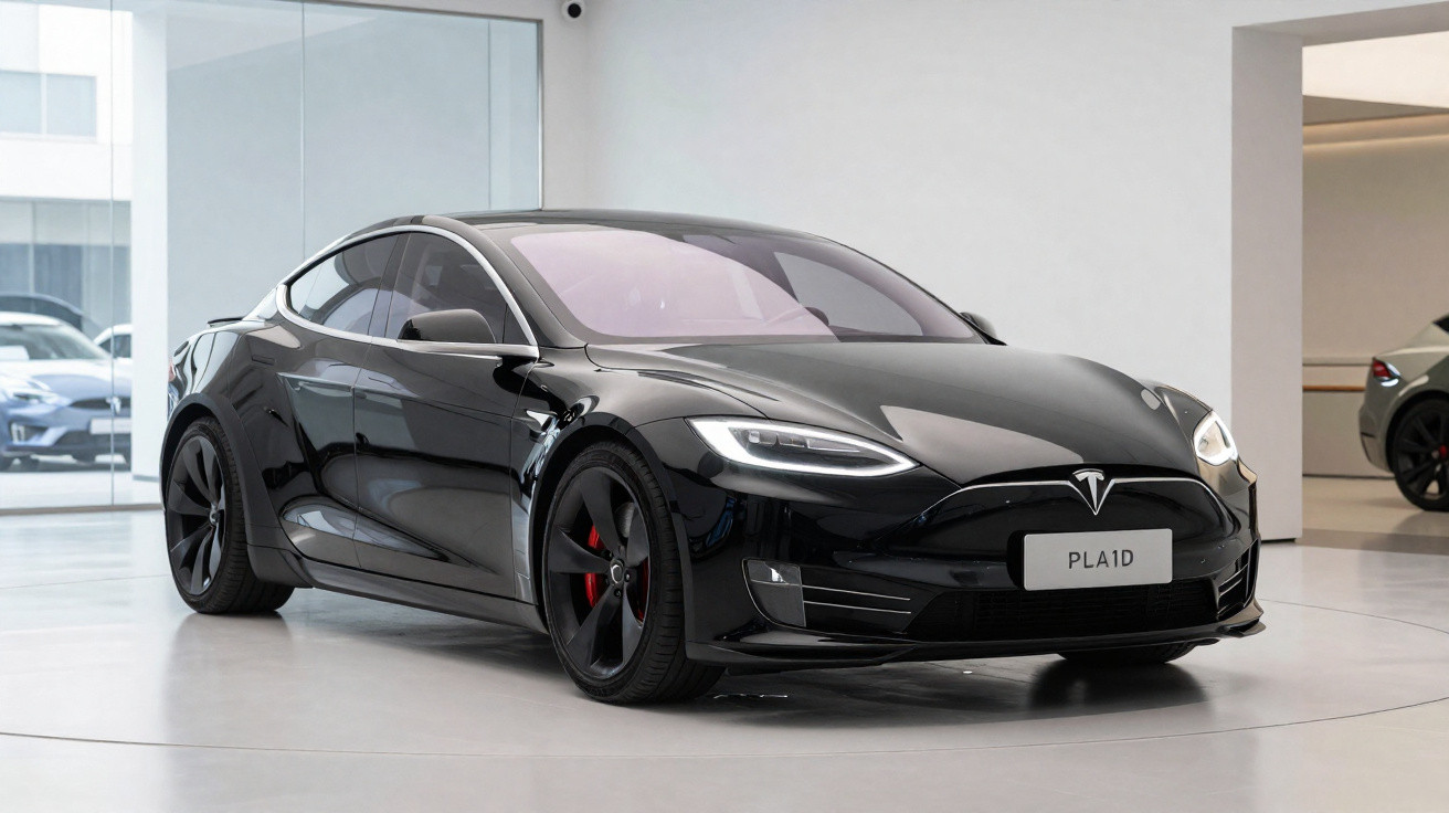 Carro elétrico Tesla cinza escuro dirigindo em estrada rural com campos ao redor em dia nublado.