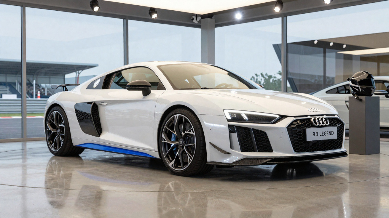 Carro esportivo vermelho Audi R8 fazendo curva em pista de corrida asfaltada com barreira de concreto ao fundo.