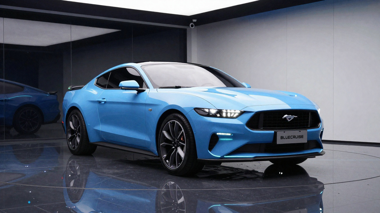 Pessoa dirigindo carro elétrico Ford Mustang Mach-E com painel digital e GPS na tela central.