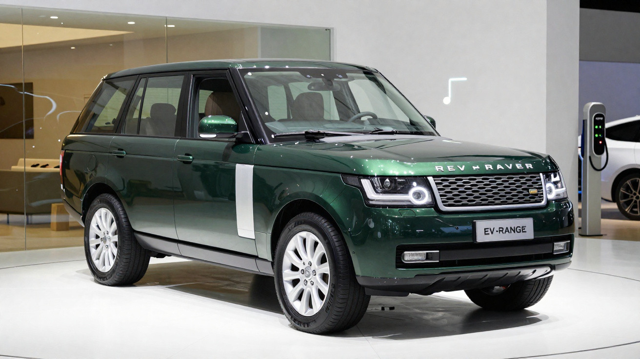 SUV Range Rover verde em movimento em estrada rural sob céu nublado.