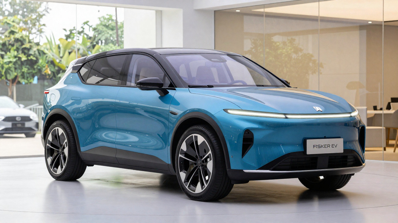 Carro elétrico azul Fisker Ocean em estrada rodeada de árvores sob céu claro.
